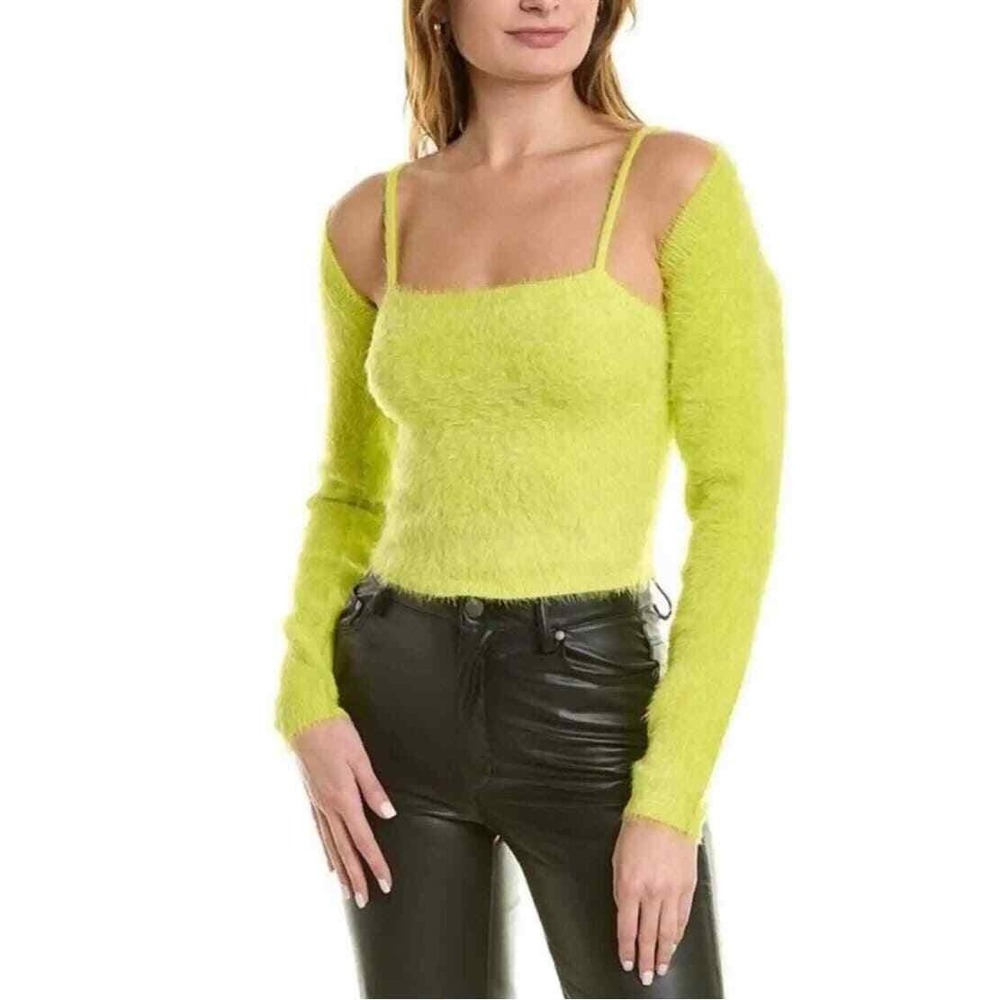 ALICE + OLIVIA Luetta Shrug Only Women Small Neon Lime Fuzzy Cropped Long Sleeve - Picture 2 of 13